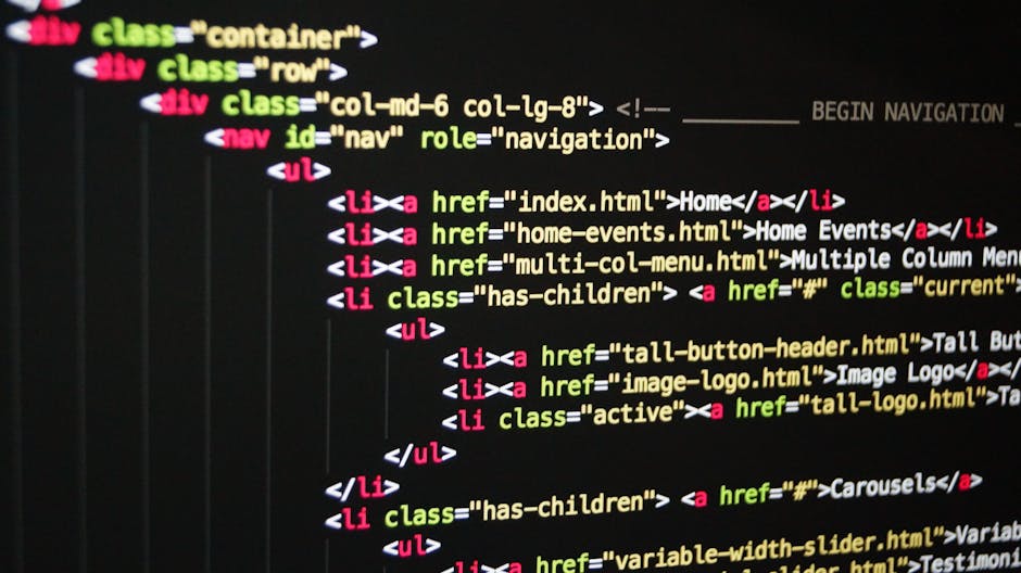 Close-up view of a computer screen displaying lines of programming code with syntax highlighting in green, blue, pink, and white text on a dark background. On the left, a file directory with nested fo